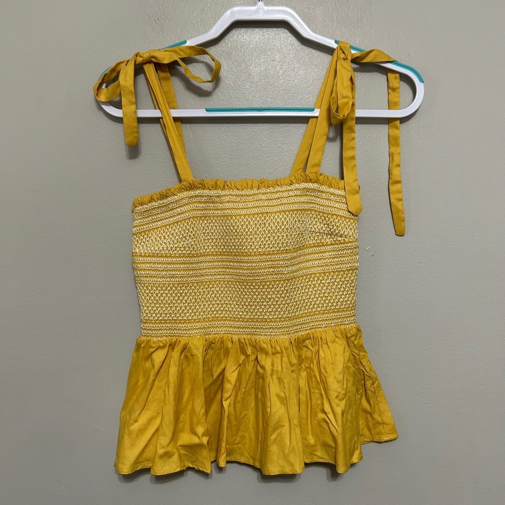 Rockin' C Peplum Crop Top S Mustard Yellow Smocked Tie Shoulder Smocked Western
